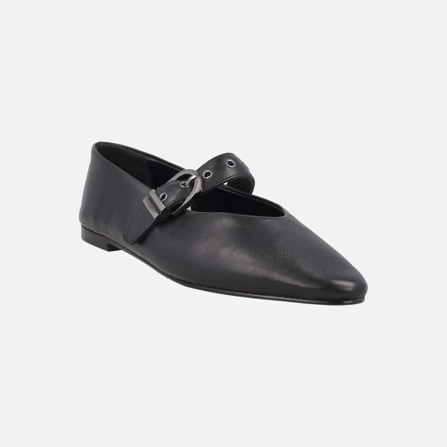 Black leather ballerinas with Mary Jane inspiration bracelet