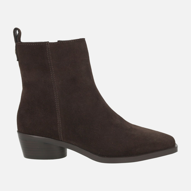 Women's ankle boots in chocolate brown cowboy style suede