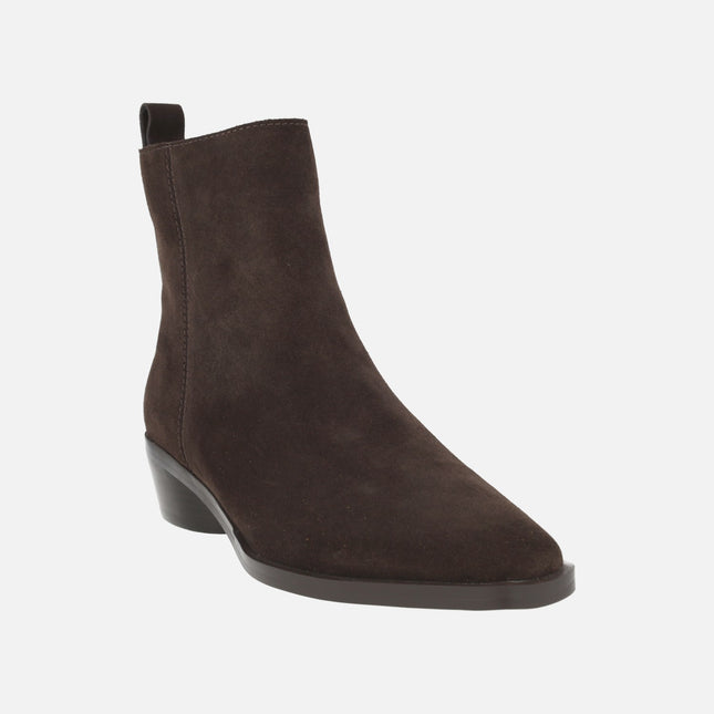 Women's ankle boots in chocolate brown cowboy style suede