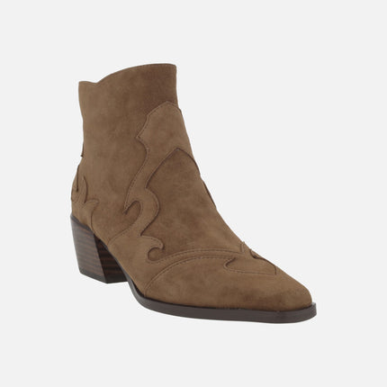 Women's cowboy ankle boots in taupe suede with overlapping pieces design