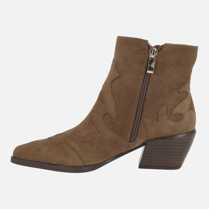 Women's cowboy ankle boots in taupe suede with overlapping pieces design