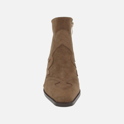Women's cowboy ankle boots in taupe suede with overlapping pieces design