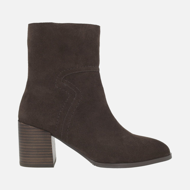 Brown suede ankle boots with high heels and stitching detail