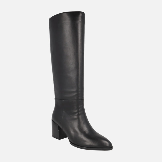 Black leather boots with high leg and wide heels