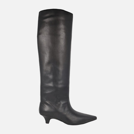 Black leather boots with high top and kitten heel