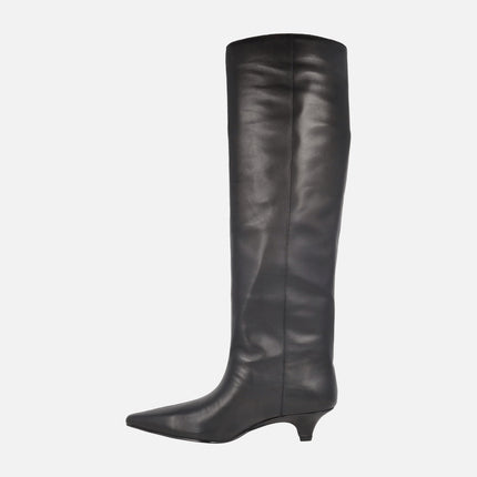 Black leather boots with high top and kitten heel