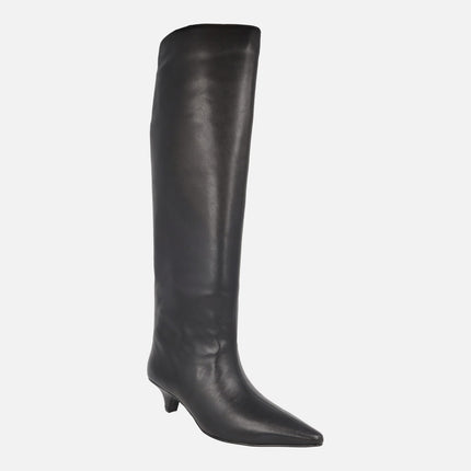 Black leather boots with high top and kitten heel