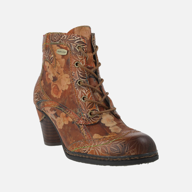 Botines de tacón con cordones y estampado de flores en color cuero ALZICEEO 01