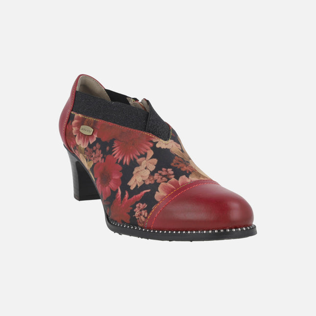 Zapatos de tacón para mujer en piel y tejido burdeos con estampado de flores