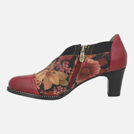 Zapatos de tacón para mujer en piel y tejido burdeos con estampado de flores