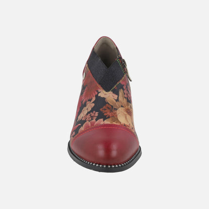 Zapatos de tacón para mujer en piel y tejido burdeos con estampado de flores