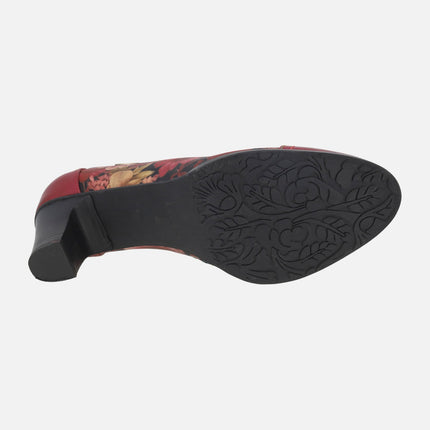 Zapatos de tacón para mujer en piel y tejido burdeos con estampado de flores