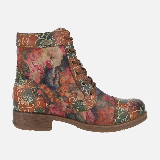 Botines de cordones en piel estampada de flores ANITAO 11 Camel