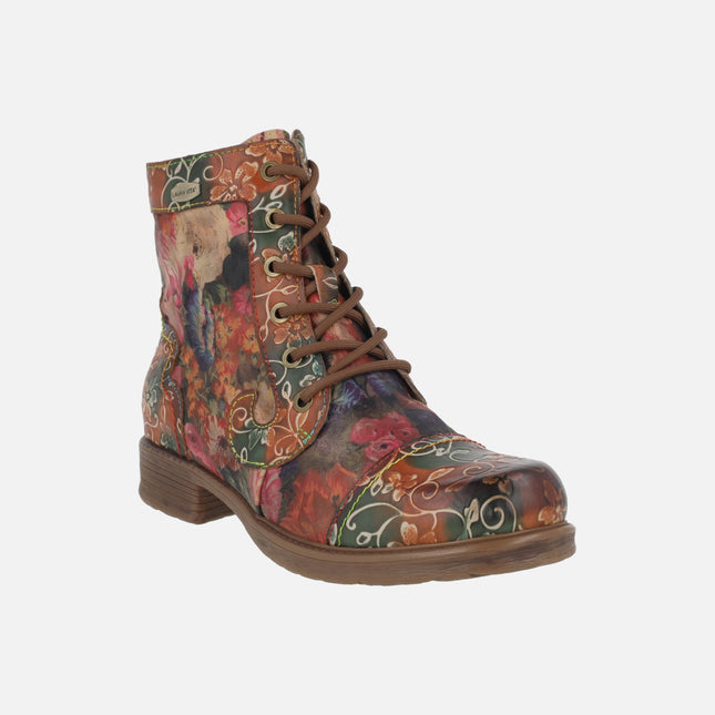 Botines de cordones en piel estampada de flores ANITAO 11 Camel