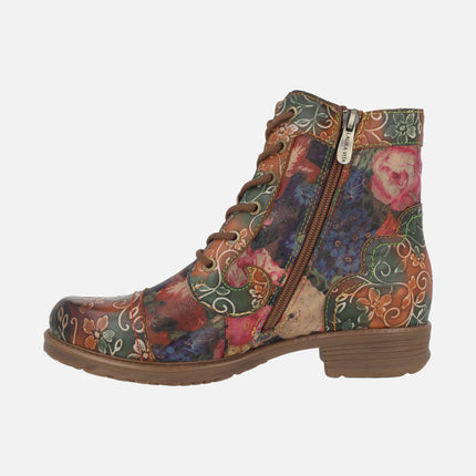 Botines de cordones en piel estampada de flores ANITAO 11 Camel