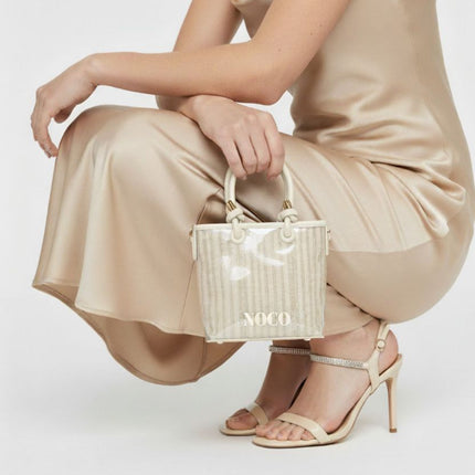 Mini vinyl and striped fabric bags with shoulder strap