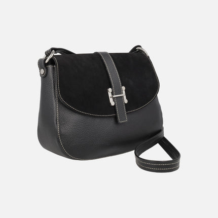 Bolsos bandolera con tapa en combinado de piel y ante