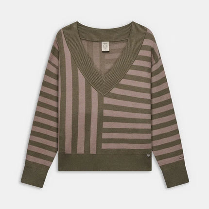 Low-cut beige and khaki striped knit sweater