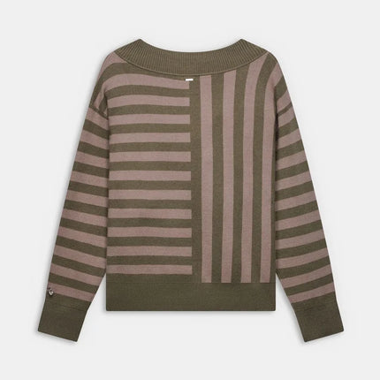 Low-cut beige and khaki striped knit sweater