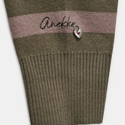 Low-cut beige and khaki striped knit sweater