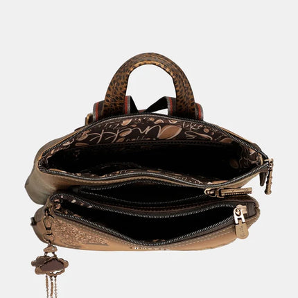 Voyage backpacks in combined camel and metallic