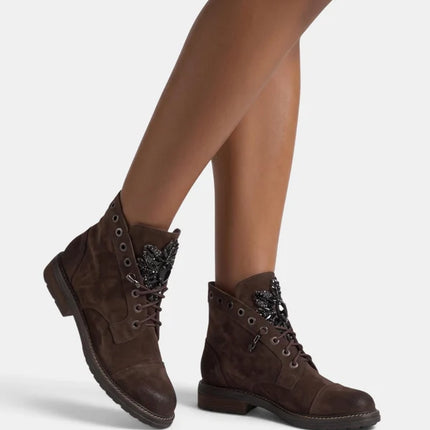 Brown suede military style ankle boots with rhinestone tongue