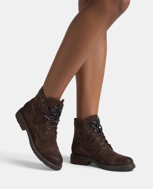 Brown suede military style ankle boots with rhinestone tongue