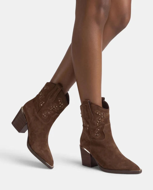 Brown suede cowboy style ankle boots with metallic toe and studs
