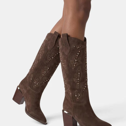 High suede cowboy style boots with rhinestones and embroidery