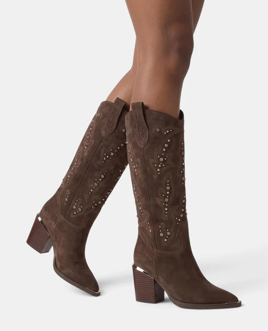 High suede cowboy style boots with rhinestones and embroidery