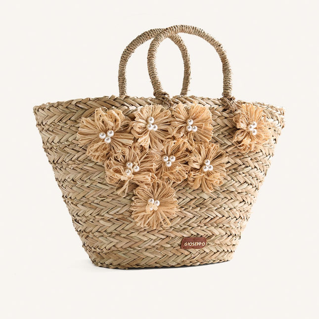 Cesto capazo de rafia con detalle de flores Roseau