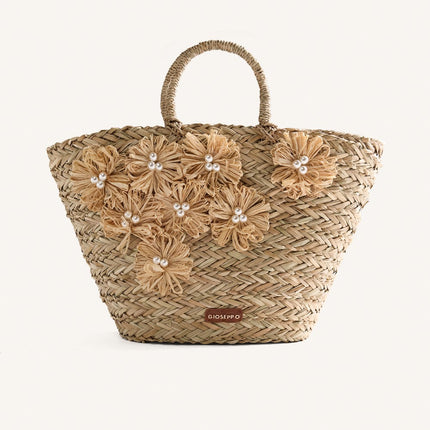Cesto capazo de rafia con detalle de flores Roseau