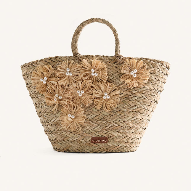 Cesto capazo de rafia con detalle de flores Roseau
