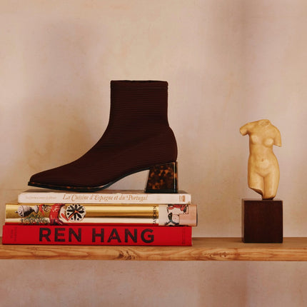Ankle boots in elastic fabric with tortoiseshell effect heels