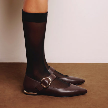 Brown leather ballerinas with gold buckle closure