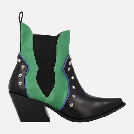 Cowboy booties in combined Black and green with metal rivets