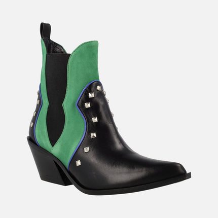 Cowboy booties in combined Black and green with metal rivets