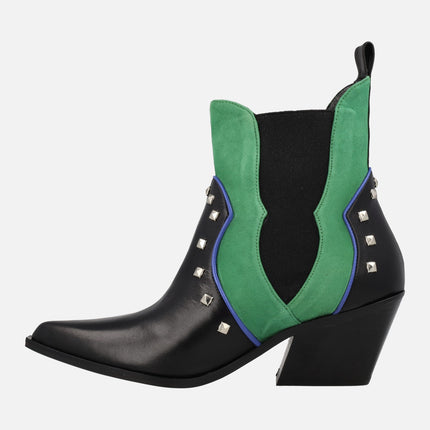 Cowboy booties in combined Black and green with metal rivets