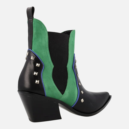 Cowboy booties in combined Black and green with metal rivets