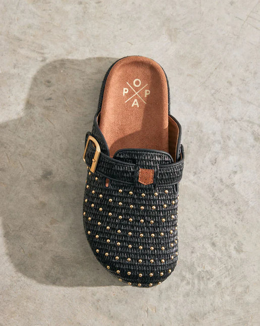 Acova platform clogs in black raffia with gold studs