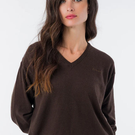 Brown knit sweater with printed back