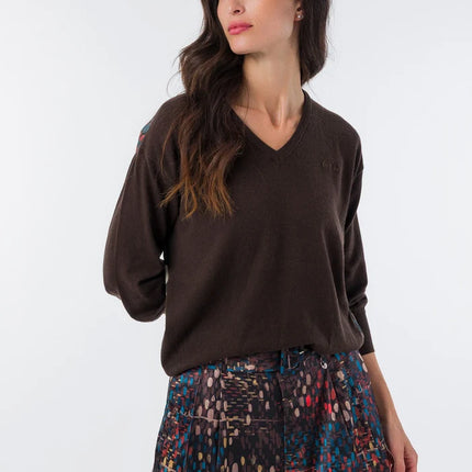 Brown knit sweater with printed back