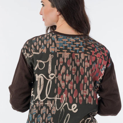 Brown knit sweater with printed back