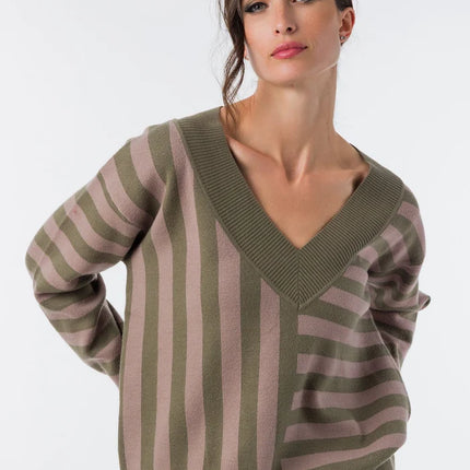 Low-cut beige and khaki striped knit sweater