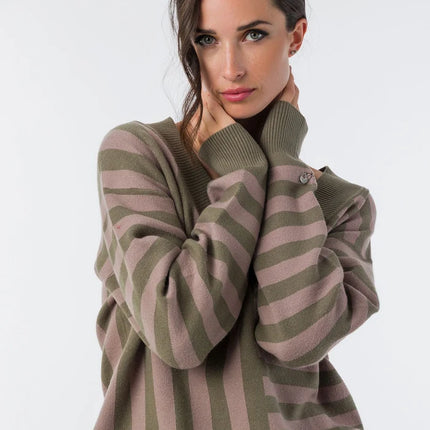 Low-cut beige and khaki striped knit sweater