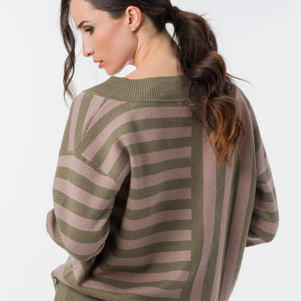 Low-cut beige and khaki striped knit sweater