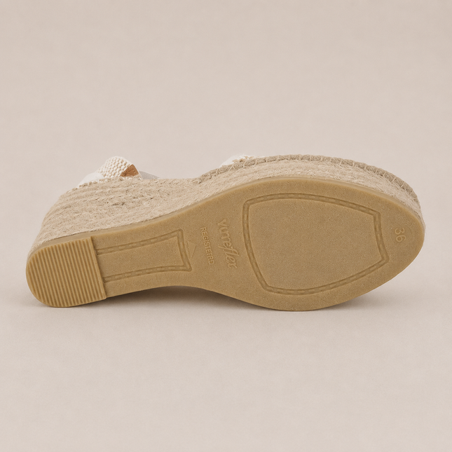Alpargatas de cuña alta en rafia natural-blanco con cintas