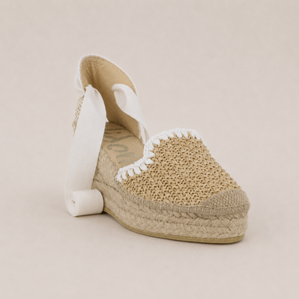 Alpargatas de cuña alta en rafia natural-blanco con cintas