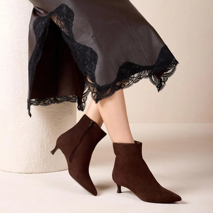 Women's ankle boots in brown suede with pointed toe and thin heel IBRAIN