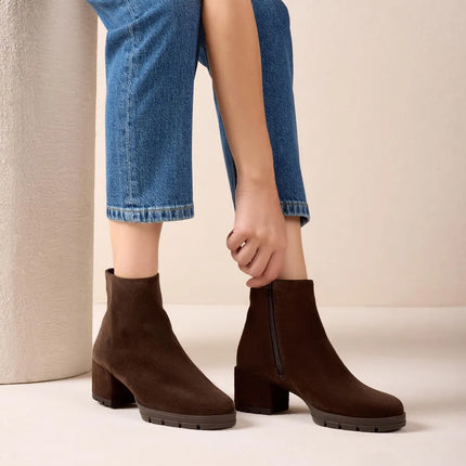 Jaydi brown suede ankle boots with wide heels and platform